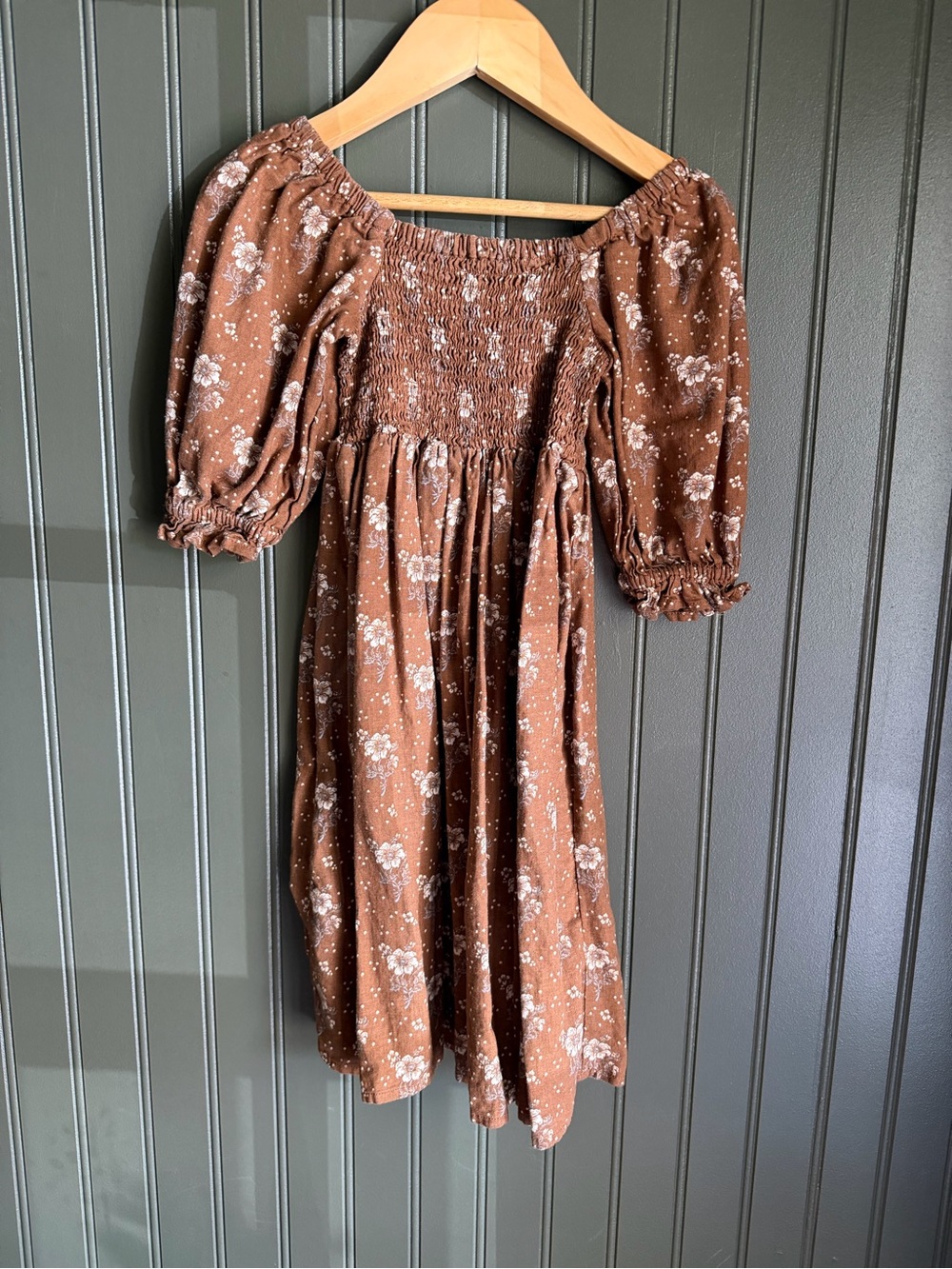 Rylee + Cru Rust Brown Floral Smocked Midi Dress